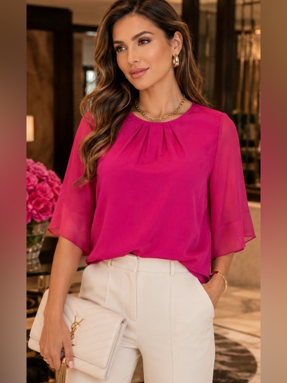 Antonio Melani 100% Silk Blouse Large Fuchsia Sheer Sleeve Career Office Luxury
